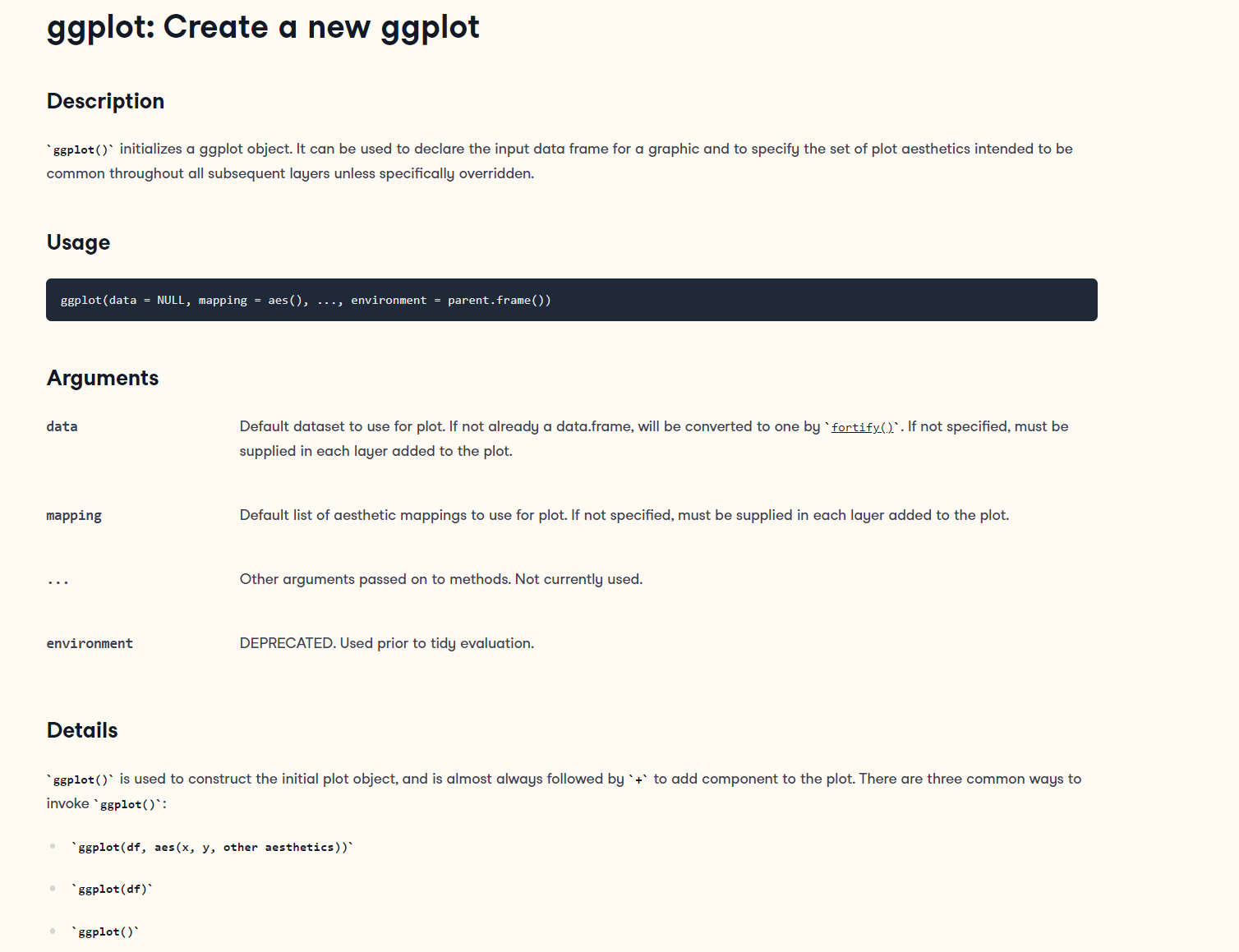 The help page of the ggplot() function.