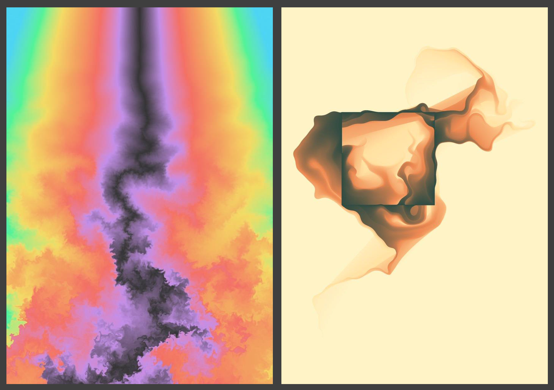 Two artworks by Thomas Pedersen, completely generated in R with ggplot2 (and pure magic).