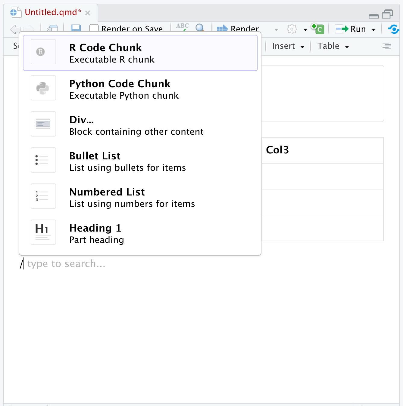 Screenshot of the pop-up after typing /.