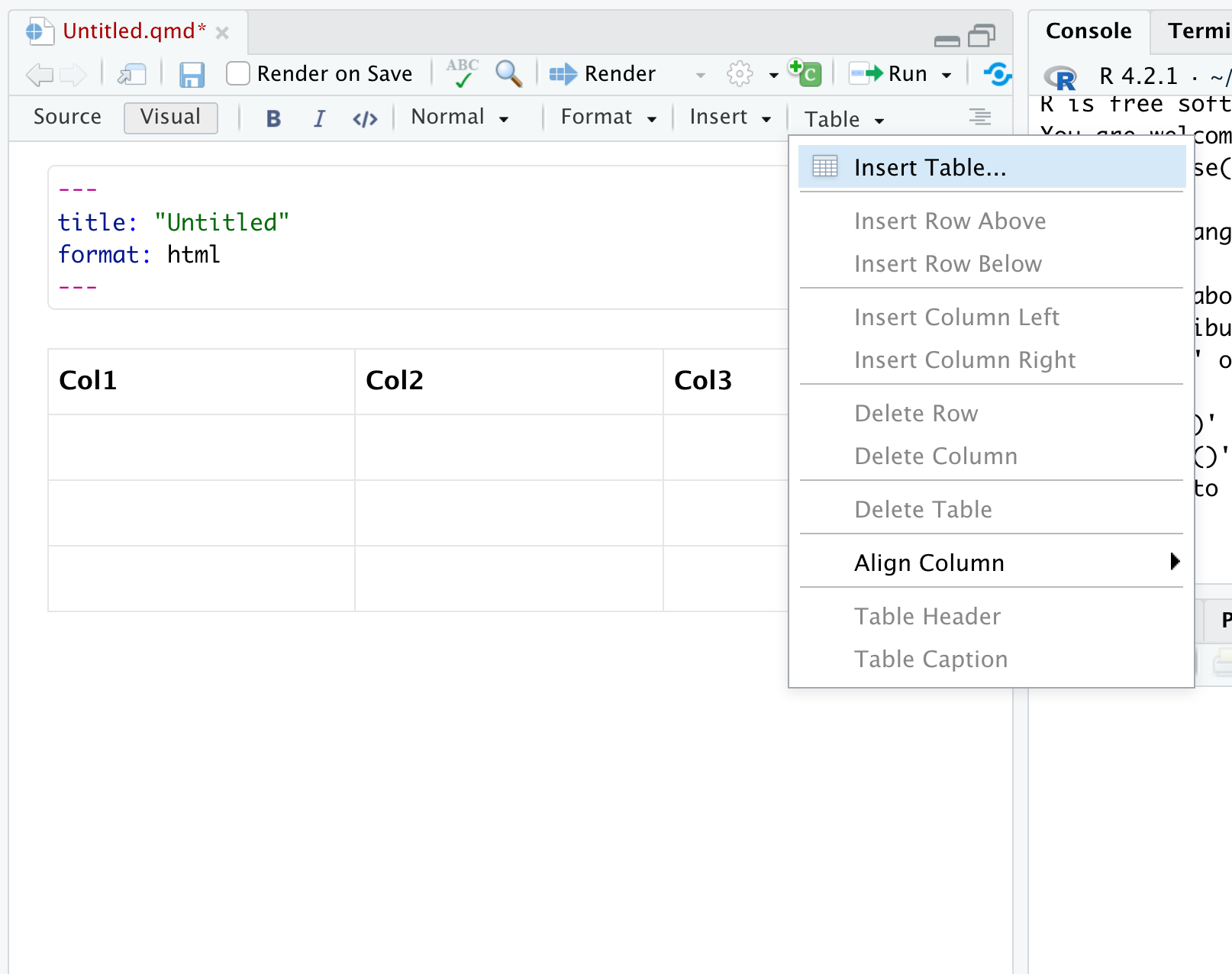 Screenshot of inserting a table via the Visual Editor.