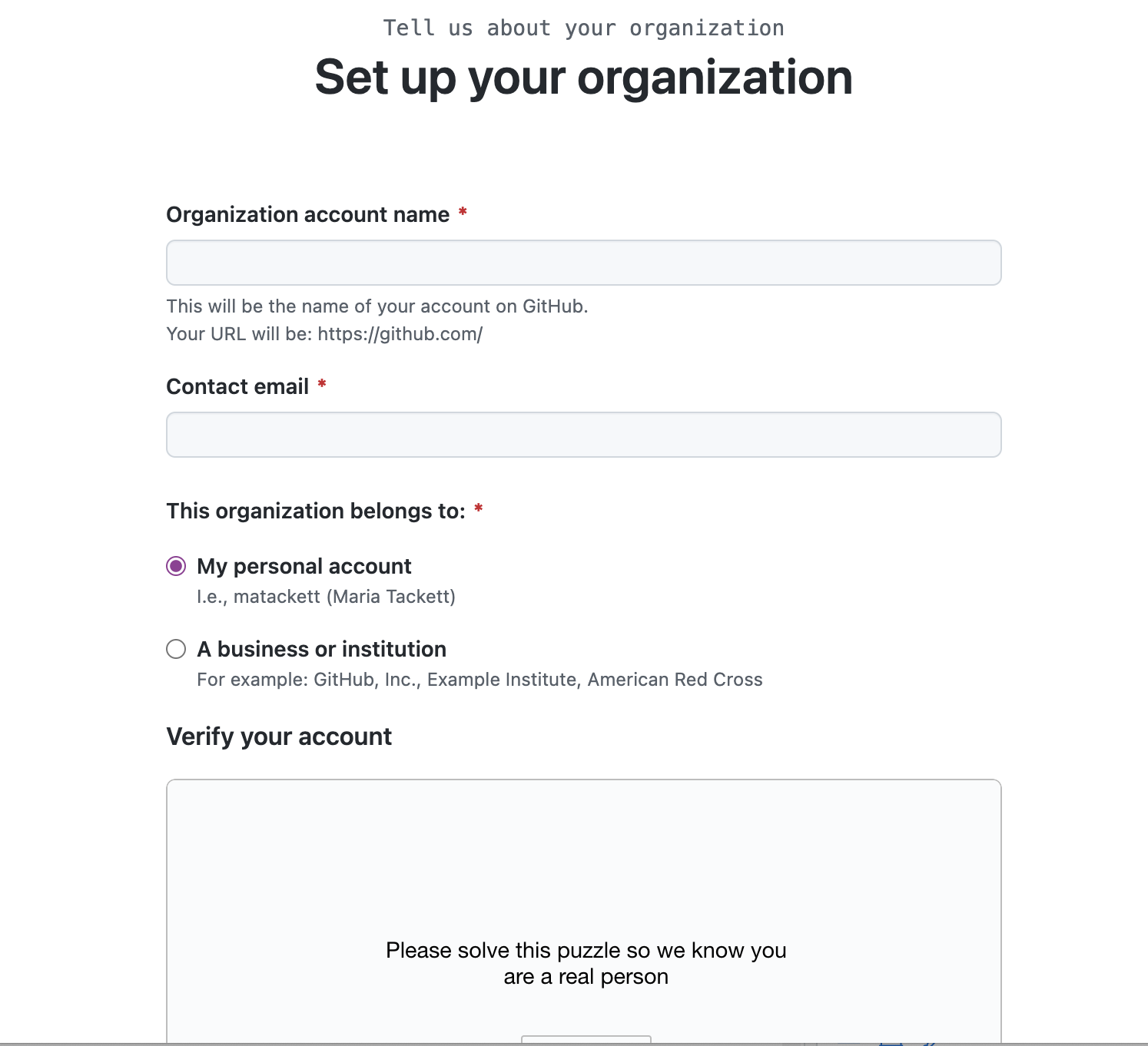Screenshot of page to create GitHub organization.