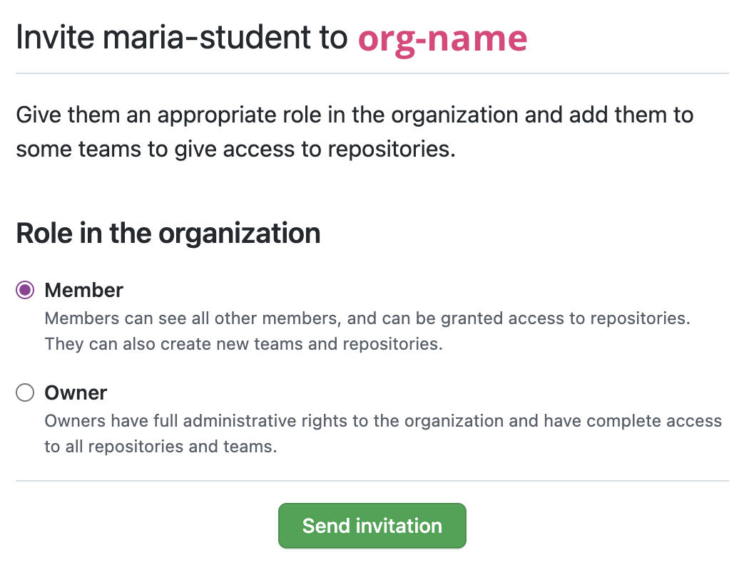 Screenshot of GitHub org invite options.