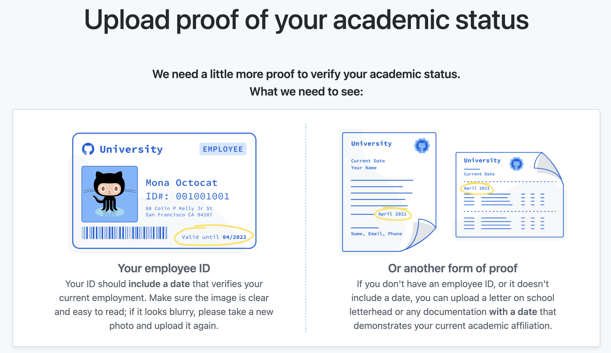Screenshot of ID requirement in GitHub teacher benefits application.