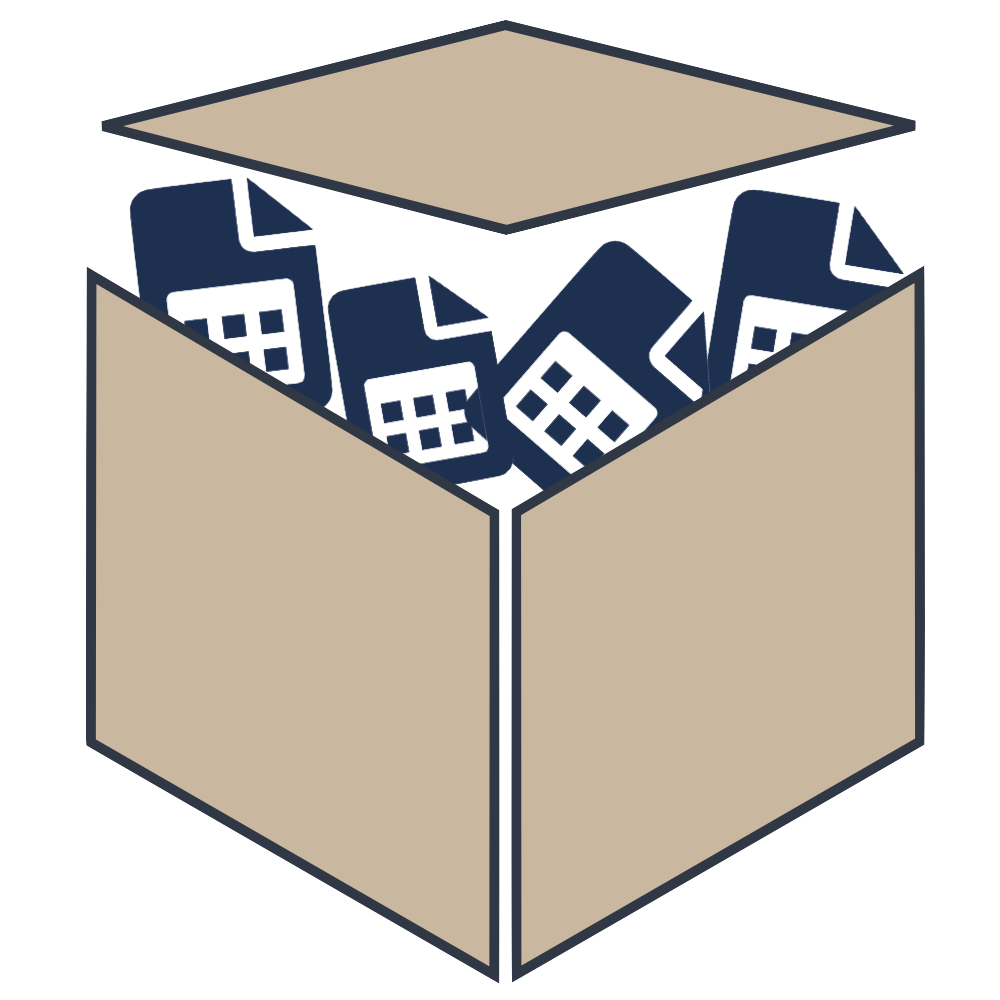 Hex logo showing a box that is open with icons for dataset floating in it.