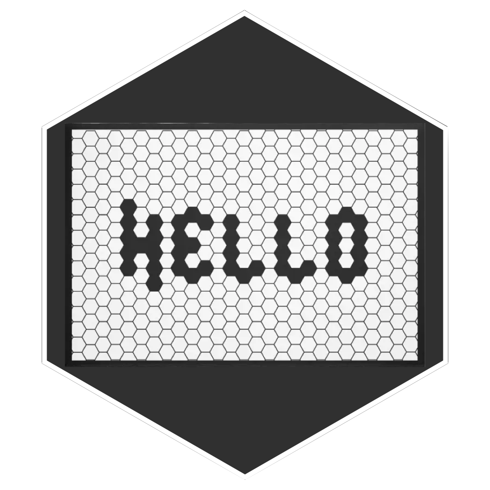 Hex logo showing the word hello on a white tile background with black tiles
